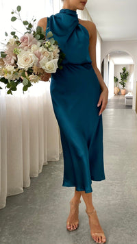 Damen Ärmelloses Midikleid mit Hohem Kragen und Drapierung in Satinoptik – Blau