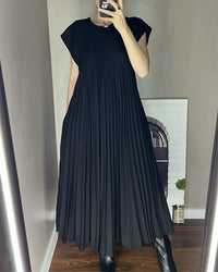 Damen Ärmelloses Plissee-Maxikleid mit Rundhals und Seitentasche – Schwarz