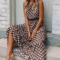 Damen ärmelloses Vintage-Kleid mit Polka-Dots | Maxi – Kaffee