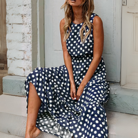 Damen ärmelloses Vintage-Kleid mit Polka-Dots | Maxi – Marine