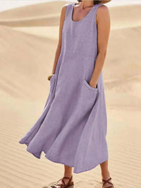 Damen Ärmelloses Midi-Kleid mit Rundhalsausschnitt und Fronttaschen – Lila