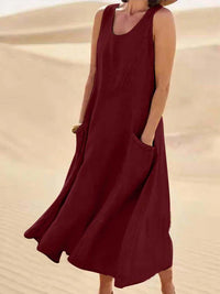 Damen Ärmelloses Midi-Kleid mit Rundhalsausschnitt und Fronttaschen – Rot
