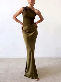 Damen Asymmetrisches Maxikleid mit Einschulterträger und Drapiertem Oberteil und Hüftraffung – Dunkelgrün