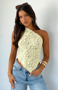 Damen Asymmetrisches Schulter-Top mit Spitzenmuster und diagonalem Saum – Gelb