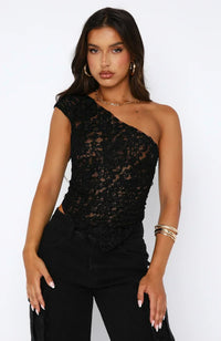 Damen Asymmetrisches Schulter-Top mit Spitzenmuster und diagonalem Saum – Schwarz