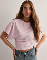 Damen Bauchfreies Top mit Weiten Ärmeln und Rundhals mit Geraffter Vorderseite – Rosa