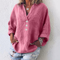 Elfriede | Damen Baumwoll-Leinen Oversized V-Ausschnitt Pullover Bluse – Rosa