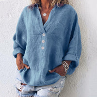 Elfriede | Damen Baumwoll-Leinen Oversized V-Ausschnitt Pullover Bluse – Blau