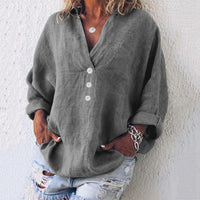 Elfriede | Damen Baumwoll-Leinen Oversized V-Ausschnitt Pullover Bluse – Grau