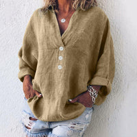 Elfriede | Damen Baumwoll-Leinen Oversized V-Ausschnitt Pullover Bluse – Khaki