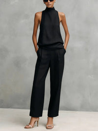 Clara | Damen Baumwoll-Leinen Ärmellose High-Neck Top Hose Set – Schwarz