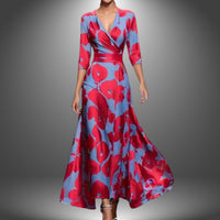 Katharina | Damen Bedrucktes 3/4-Arm Long Sleeve Dress Wickelkleid Figurbetont – Rot
