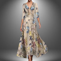 Katharina | Damen Bedrucktes 3/4-Arm Long Sleeve Dress Wickelkleid Figurbetont – Champagner