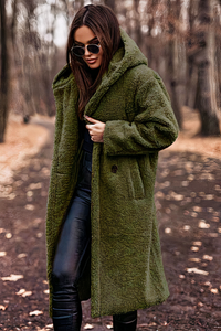 Damen bequemer Mantel mit Kapuze | Teddy – Grün