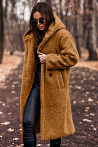 Damen bequemer Mantel mit Kapuze | Teddy – Karamel