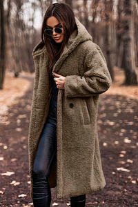 Damen bequemer Mantel mit Kapuze | Teddy – Khaki