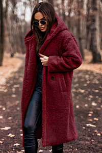 Damen bequemer Mantel mit Kapuze | Teddy – Rot
