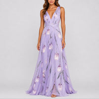 Annika | Damen Blumen Maxi Hochzeitskleid Gast tief V-Ausschnitt Chiffon – Lila