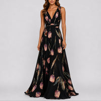 Annika | Damen Blumen Maxi Hochzeitskleid Gast tief V-Ausschnitt Chiffon – Schwarz