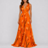 Annika | Damen Blumen Maxi Hochzeitskleid Gast tief V-Ausschnitt Chiffon – Orange