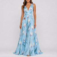 Annika | Damen Blumen Maxi Hochzeitskleid Gast tief V-Ausschnitt Chiffon – Hellblau