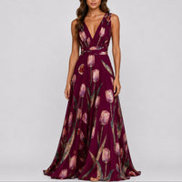 Annika | Damen Blumen Maxi Hochzeitskleid Gast tief V-Ausschnitt Chiffon – Rot
