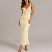 Greta | Damen Blumen Maxi Hochzeitskleid Rüschenträger Elegant – Gelb