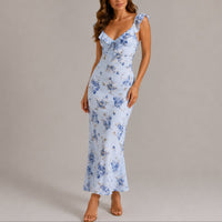 Greta | Damen Blumen Maxi Hochzeitskleid Rüschenträger Elegant – Blau