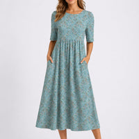 Johanna | Damen Blumen Midi Kleid für Herbst Hochzeitsgäste mit Rundhals – Blau und Weiß
