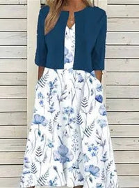 Emilia | Damen Blumen Midi Kleid mit Rundhals Halbarm und Seitentaschen – Dunkelblau
