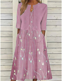 Emilia | Damen Blumen Midi Kleid mit Rundhals Halbarm und Seitentaschen – Rosa