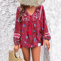 Elfriede | Damen Blumen-Tunika V-Ausschnitt Quasten-Kordel Boho-Oberteil – Rot