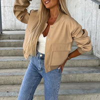 Damen-Bomberjacke mit Knopfverschluss und Brusttaschen – Khaki