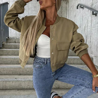 Damen-Bomberjacke mit Knopfverschluss und Brusttaschen – Oliv