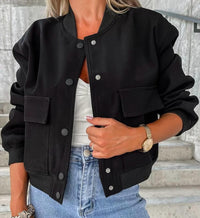 Damen-Bomberjacke mit Knopfverschluss und Brusttaschen – Schwarz
