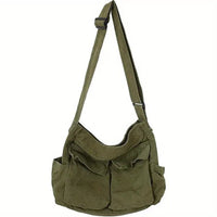 Marie | Damen Canvas Tote Bag Vintage Umhängetasche mit Außentaschen – Oliv