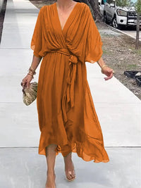 Sophie | Damen Chiffon Cocktailparty-Kleid V-Ausschnitt Taillengürtel Midi – Orange