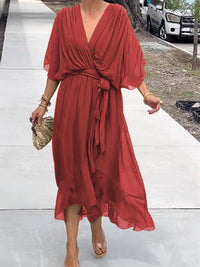 Sophie | Damen Chiffon Cocktailparty-Kleid V-Ausschnitt Taillengürtel Midi – Rot