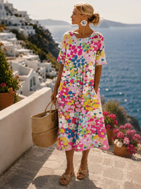 Elfriede | Damen Cocktailkleid Buntes Blumen-Midi-Kleid Kurzarm Sommerkleid – Rosa