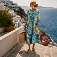 Elfriede | Damen Cocktailkleid Buntes Blumen-Midi-Kleid Kurzarm Sommerkleid – Blau
