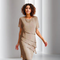 Emilia | Damen Cocktailkleid geschichtetes Chiffon Kurzarm Abendkleid – Khaki