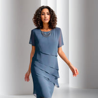Emilia | Damen Cocktailkleid geschichtetes Chiffon Kurzarm Abendkleid – Blau