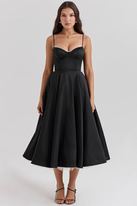 Annika | Damen Cocktailkleid Midi Schwingrock Bügelcup Trägerkleid – Schwarz