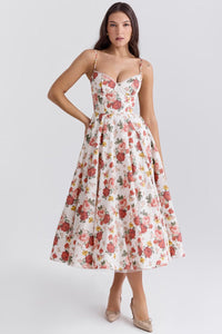 Annika | Damen Cocktailkleid Midi Schwingrock Bügelcup Trägerkleid – Blume