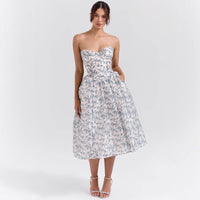 Marlene | Damen Cocktailkleid trägerlos Korsett-Oberteil ausgestellter Satinrock – Rose