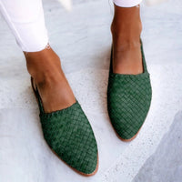 Charlotte | Damen Comfortable Sandals Leder Geflochten Spitzer Slingback Flach – Dunkelgrün