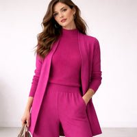 Emilia | Damen Dreiteiliges Strick-Loungewear-Set mit langem Cardigan – Rosa