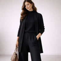 Emilia | Damen Dreiteiliges Strick-Loungewear-Set mit langem Cardigan – Schwarz