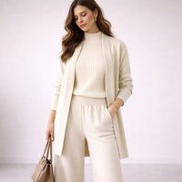 Emilia | Damen Dreiteiliges Strick-Loungewear-Set mit langem Cardigan – Weiß