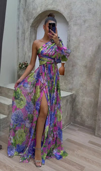 Damen Einschulter-Maxikleid mit Puffärmel und Seitenschlitz mit Blumenmuster – Lila
